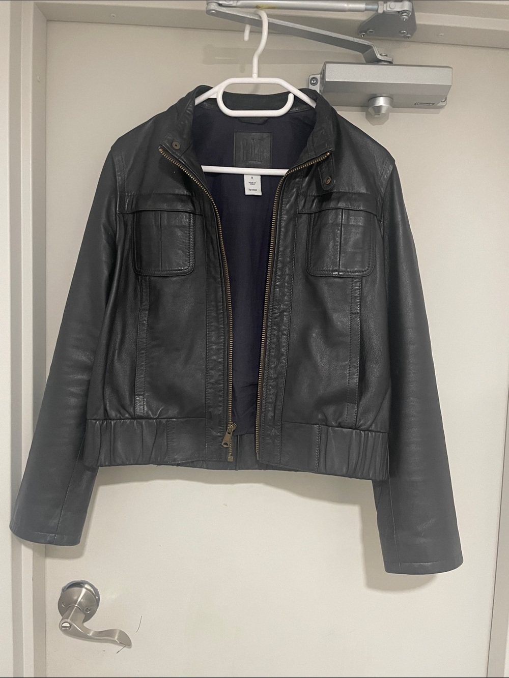 GAP Black Leather Bomber Jacket with Front Zip